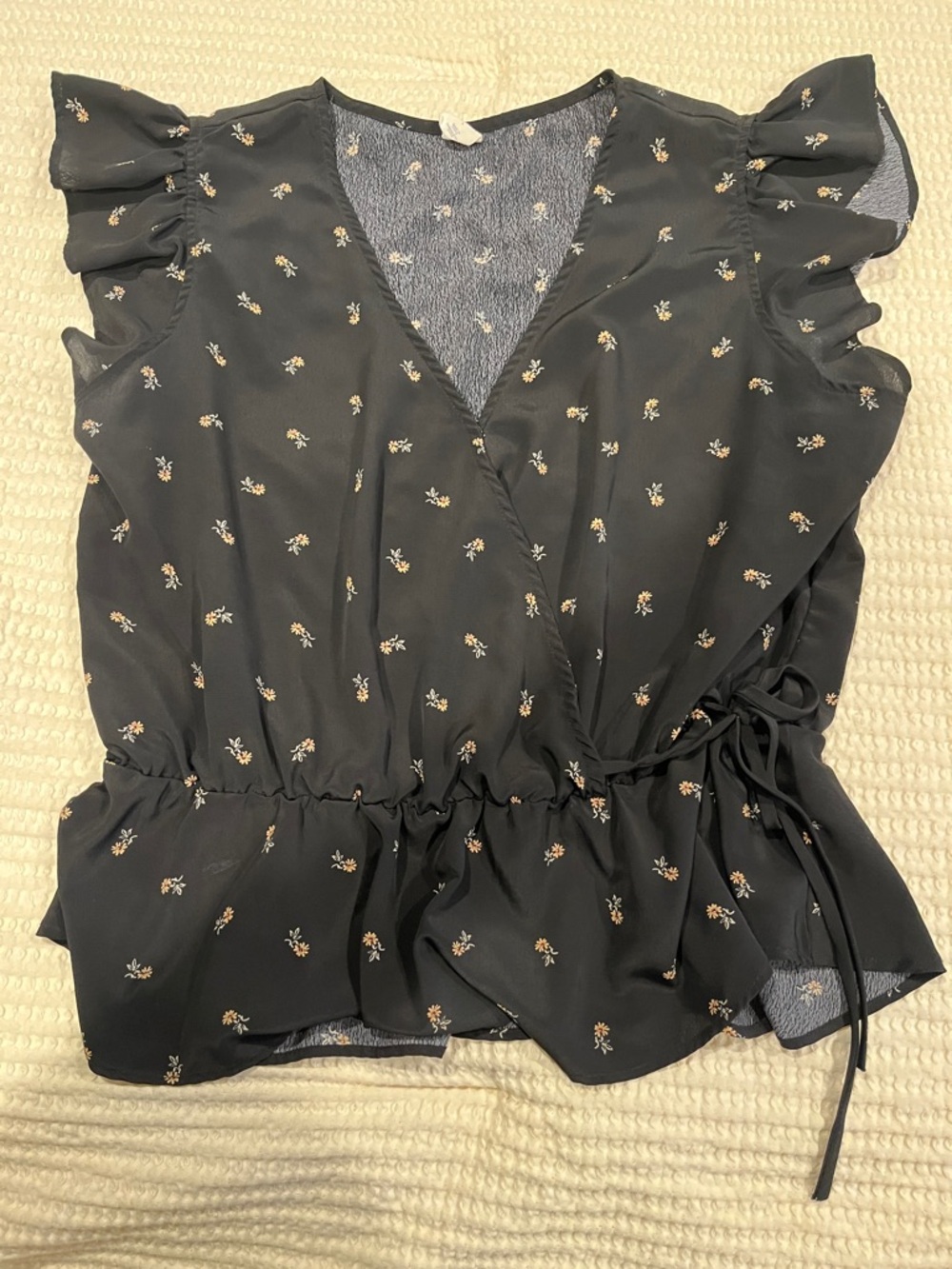 Black Floral Wrap Ruffle Sleeve Women's Top Melrose and Market L